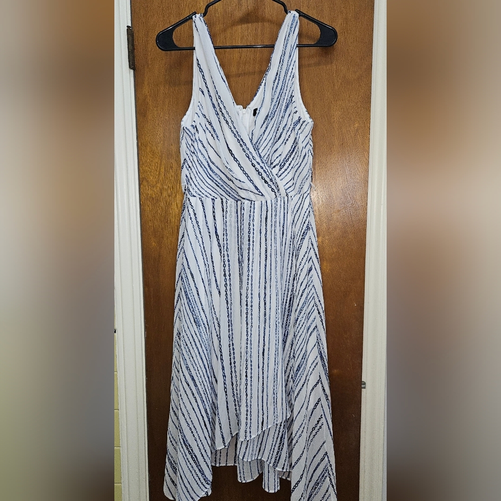 DKNY Blue and White Striped Chain Print High Low Dress